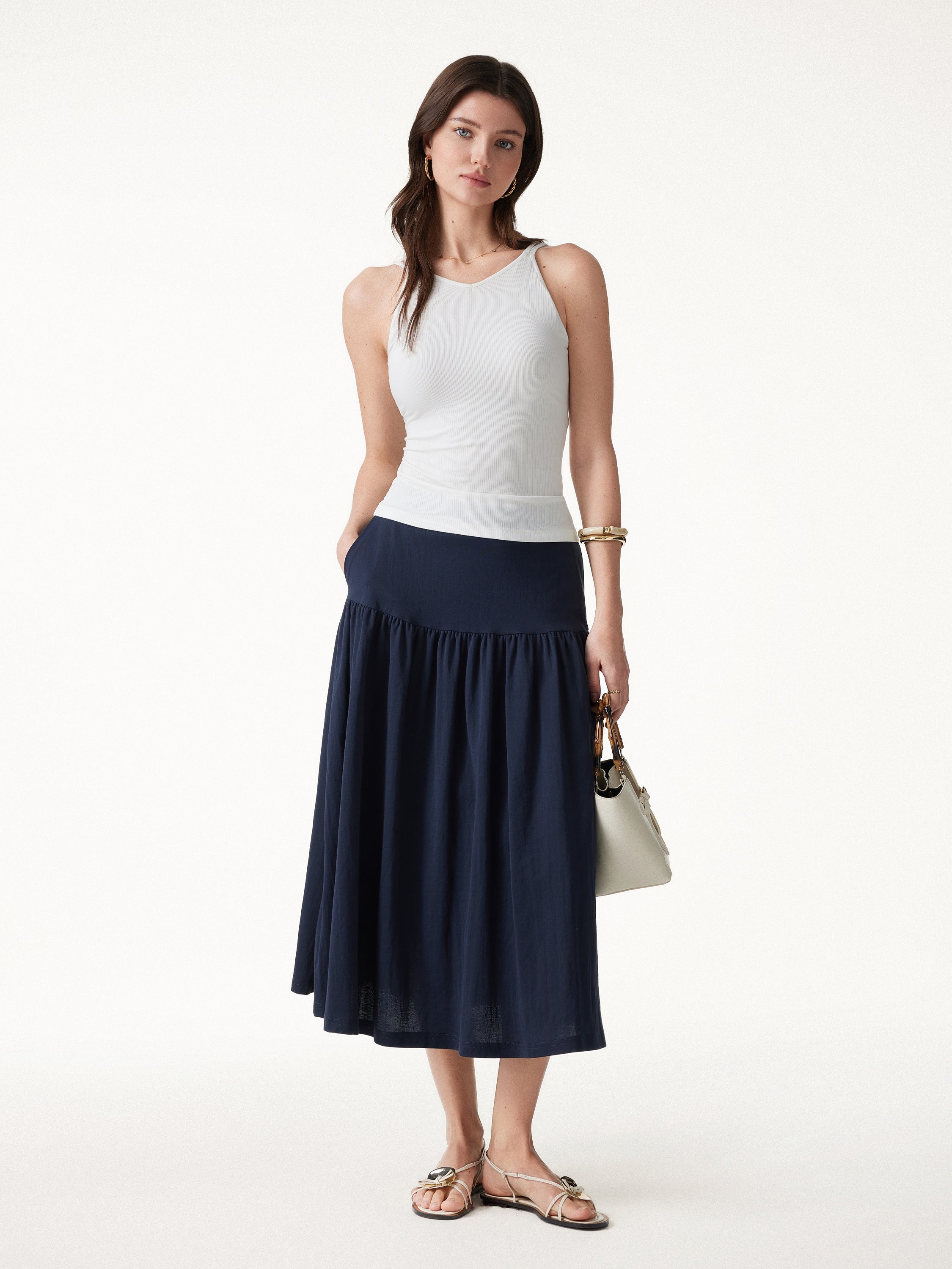 Cotton-Linen Gathered Midi Skirt with Pockets