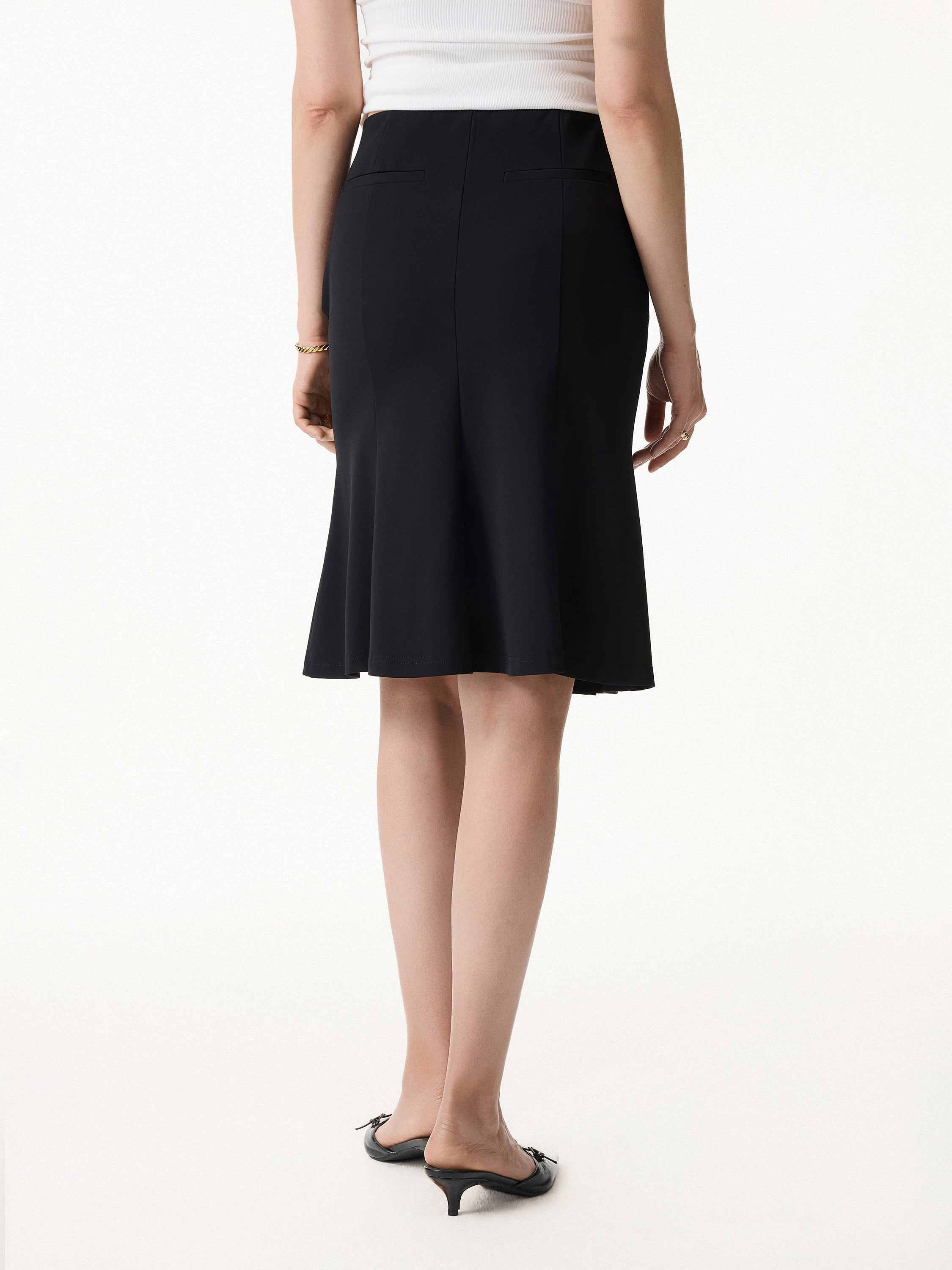 4-Way Stretch Knee Length Pleated Flare Skirt