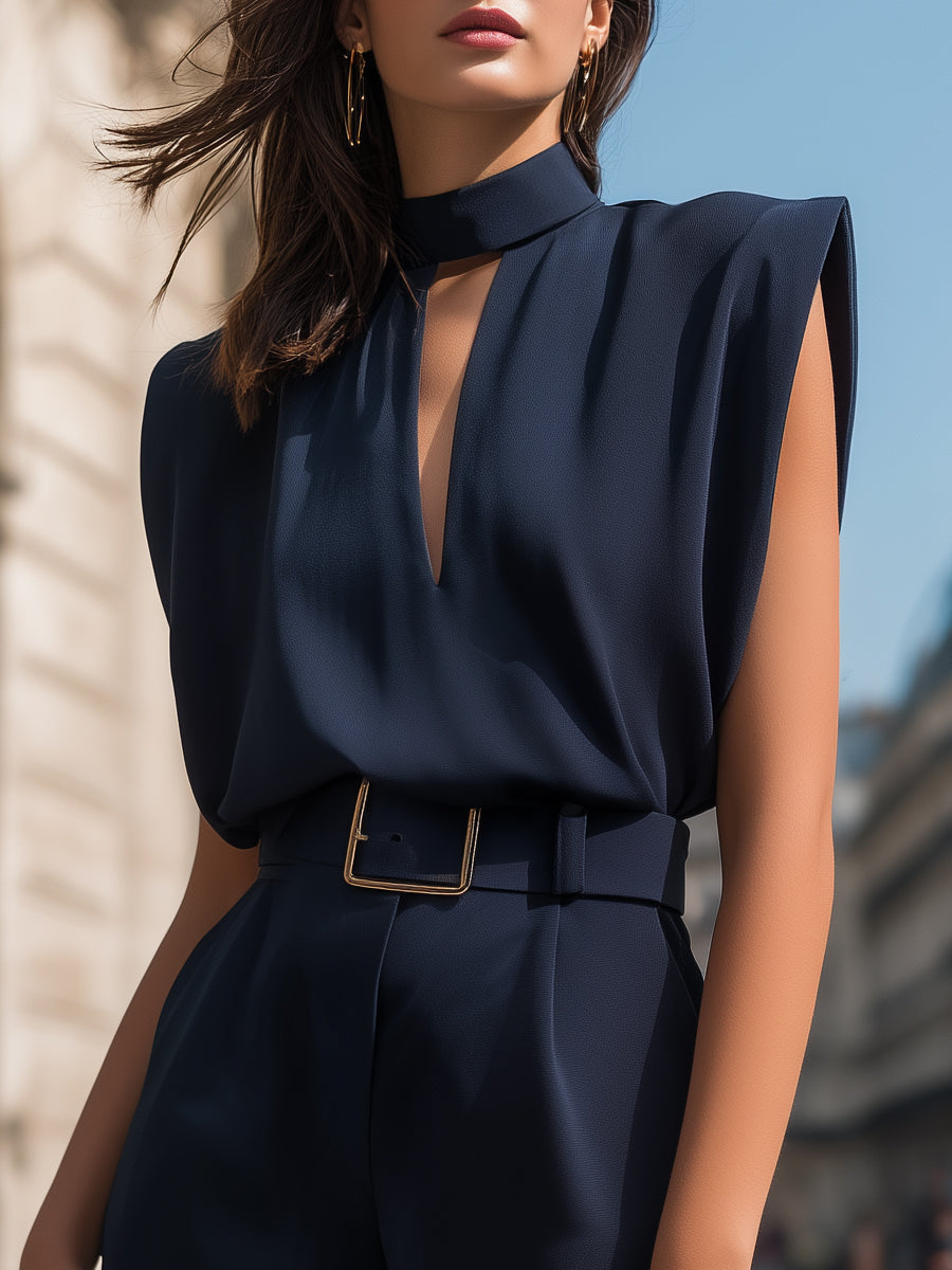 Léon Varel High-Neck Cutout Belted Tailored Romper