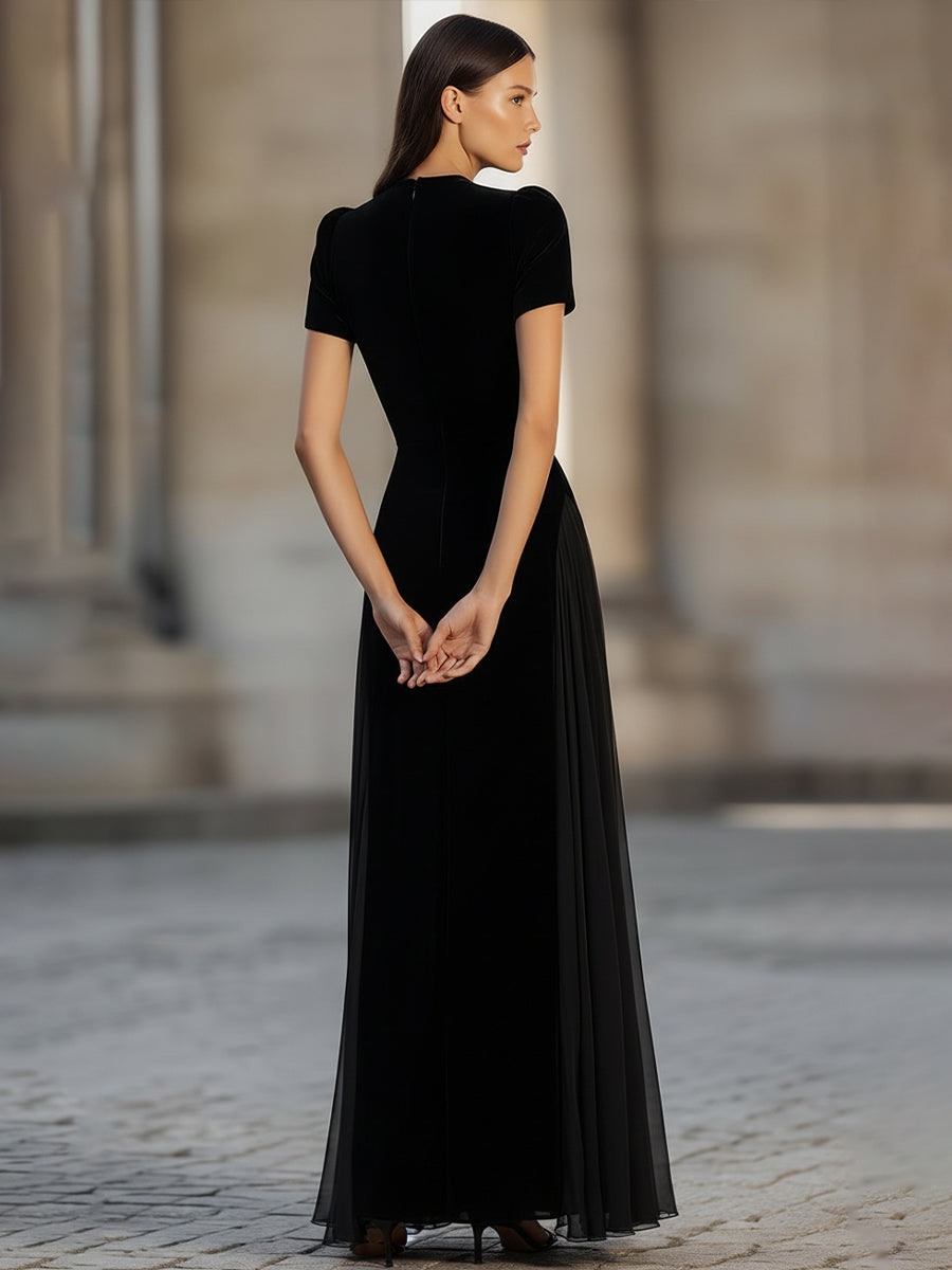 Léon Varel Short Sleeve Floor-Length Dress With Sheer Flowing Skirt