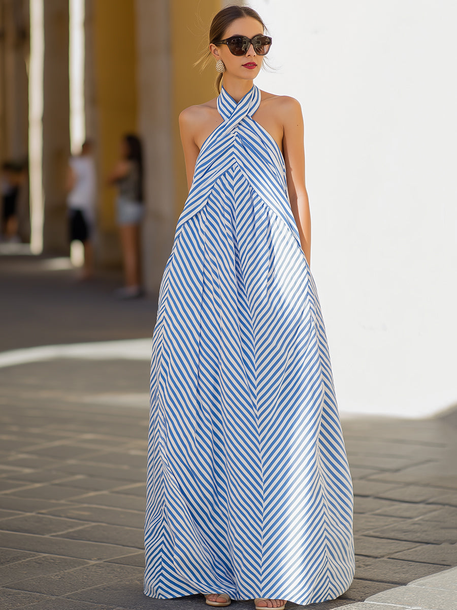 Léon Varel Nautical Stripe Halter Neck Maxi Dress