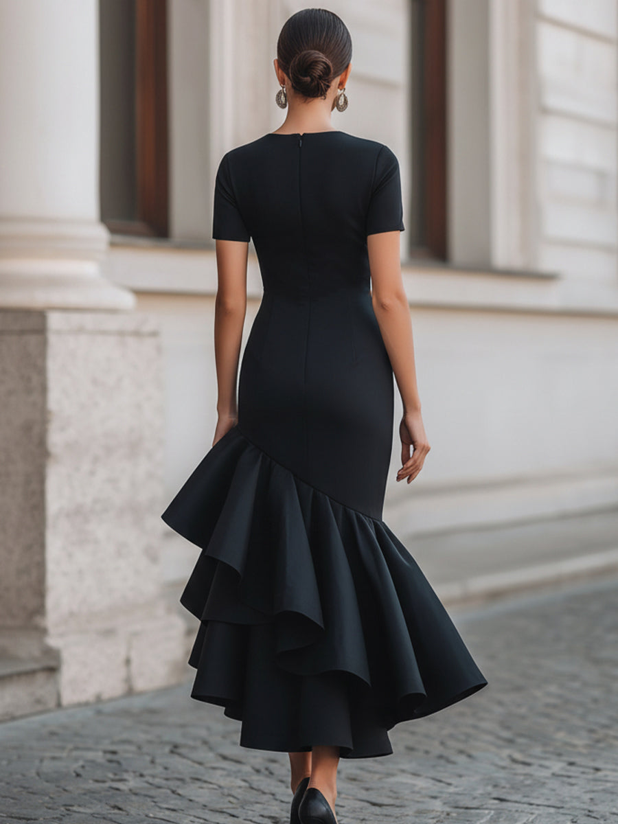 Léon Varel Asymmetrical Ruffle Hem Tailored Midi Dress