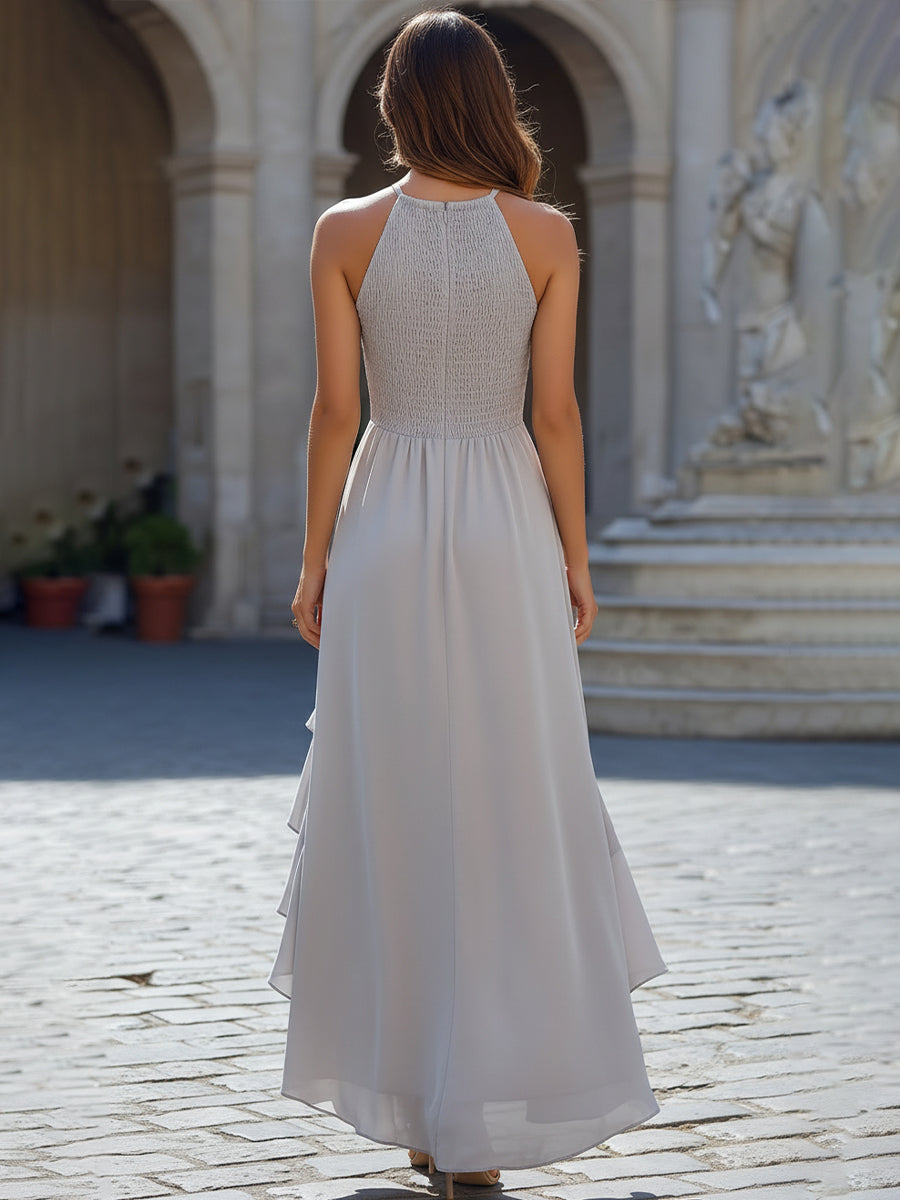 Léon Varel Halter Neck High-Low Ruffle Hem Maxi Dress