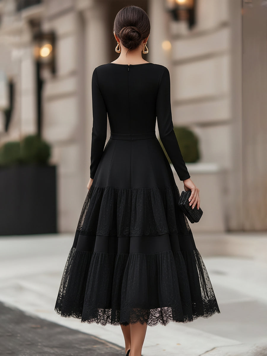 Léon Varel Long Sleeve Tiered Lace Hem Maxi Dress