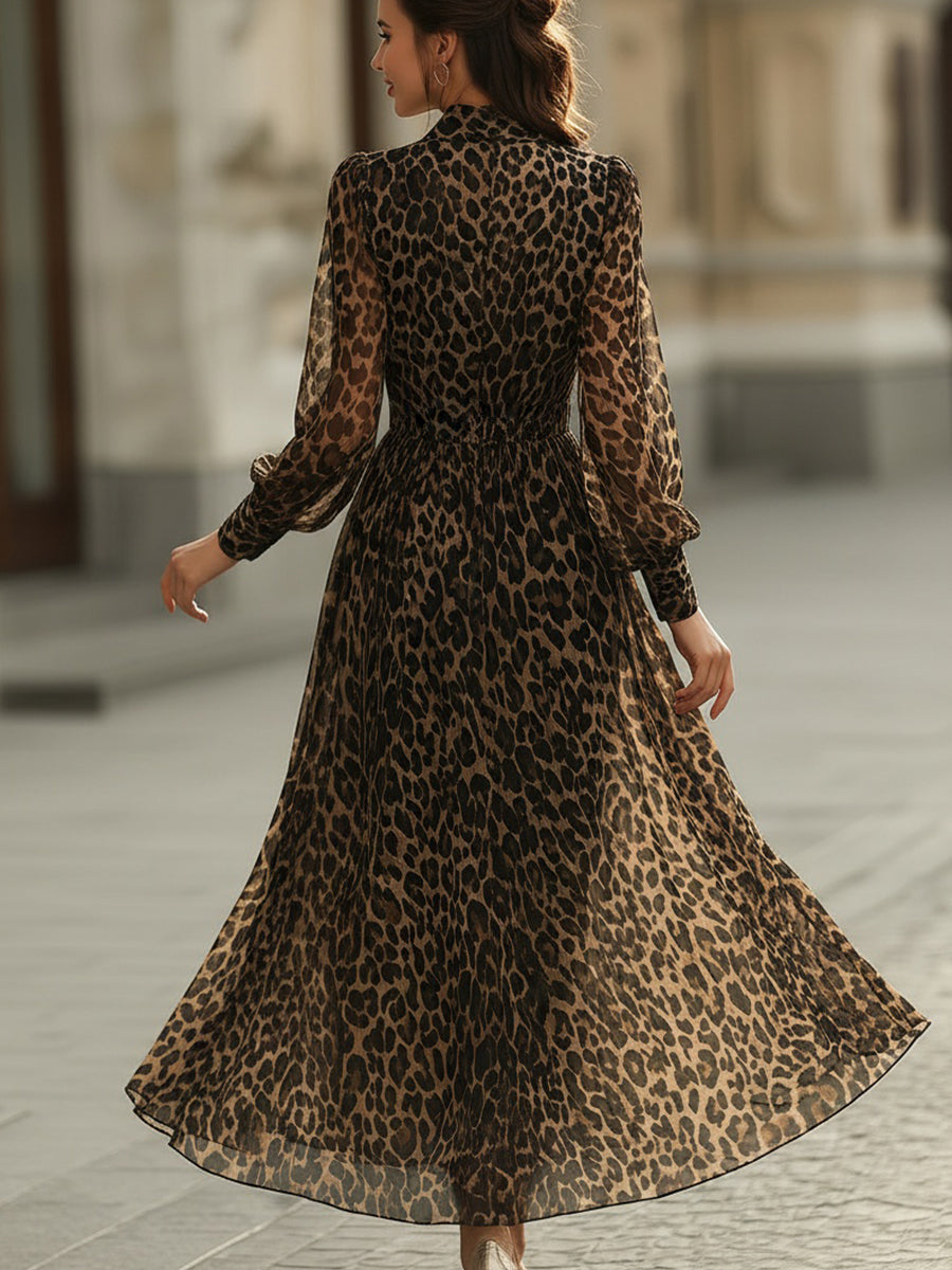Léon Varel Leopard Print Wrap Midi Dress With Long Sleeves