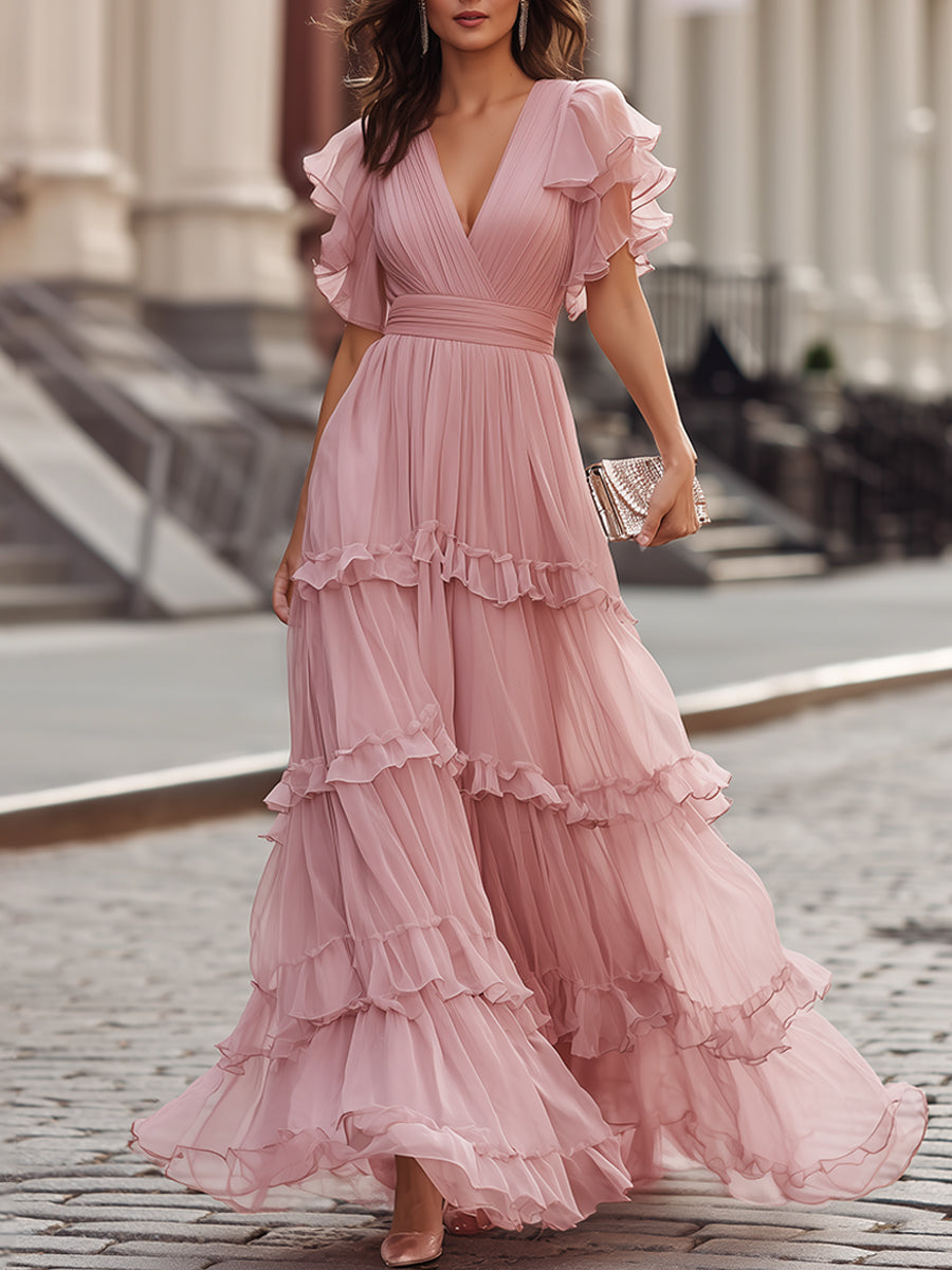 Léon Varel Ruffled V-Neck Tiered Maxi Dress