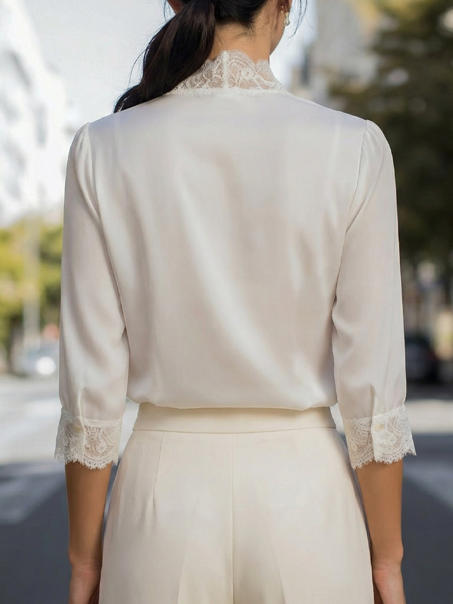 Léon Varel Lace-Trimmed V-Neck Chiffon Button-Up Blouse