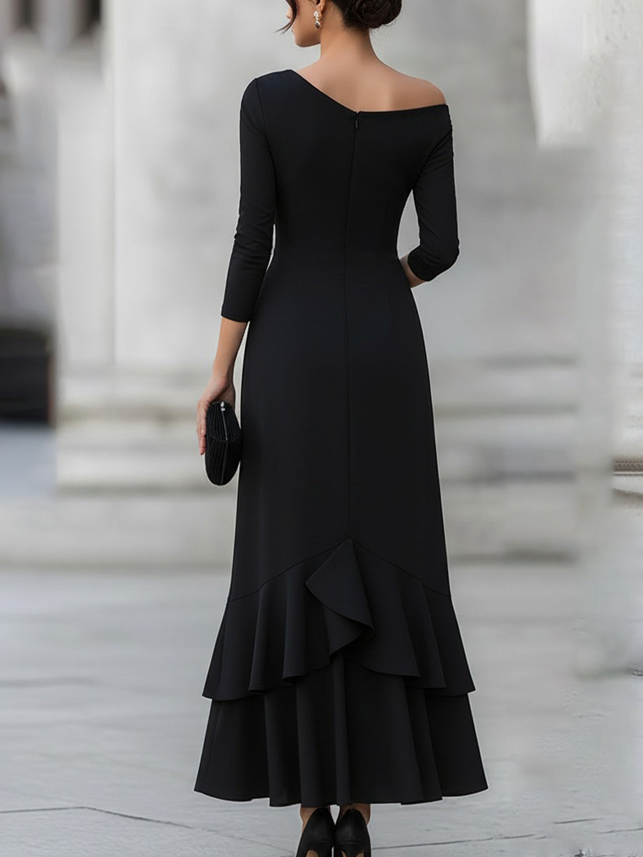 Léon Varel One-Shoulder Ruched Asymmetric Ruffle Hem Maxi Dress