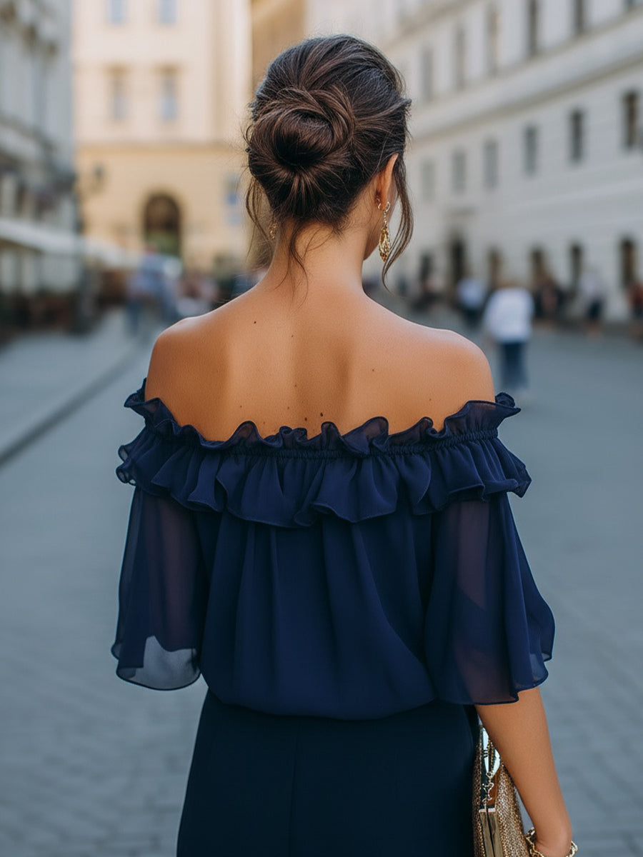 Léon Varel Off-Shoulder Ruffled Chiffon Top