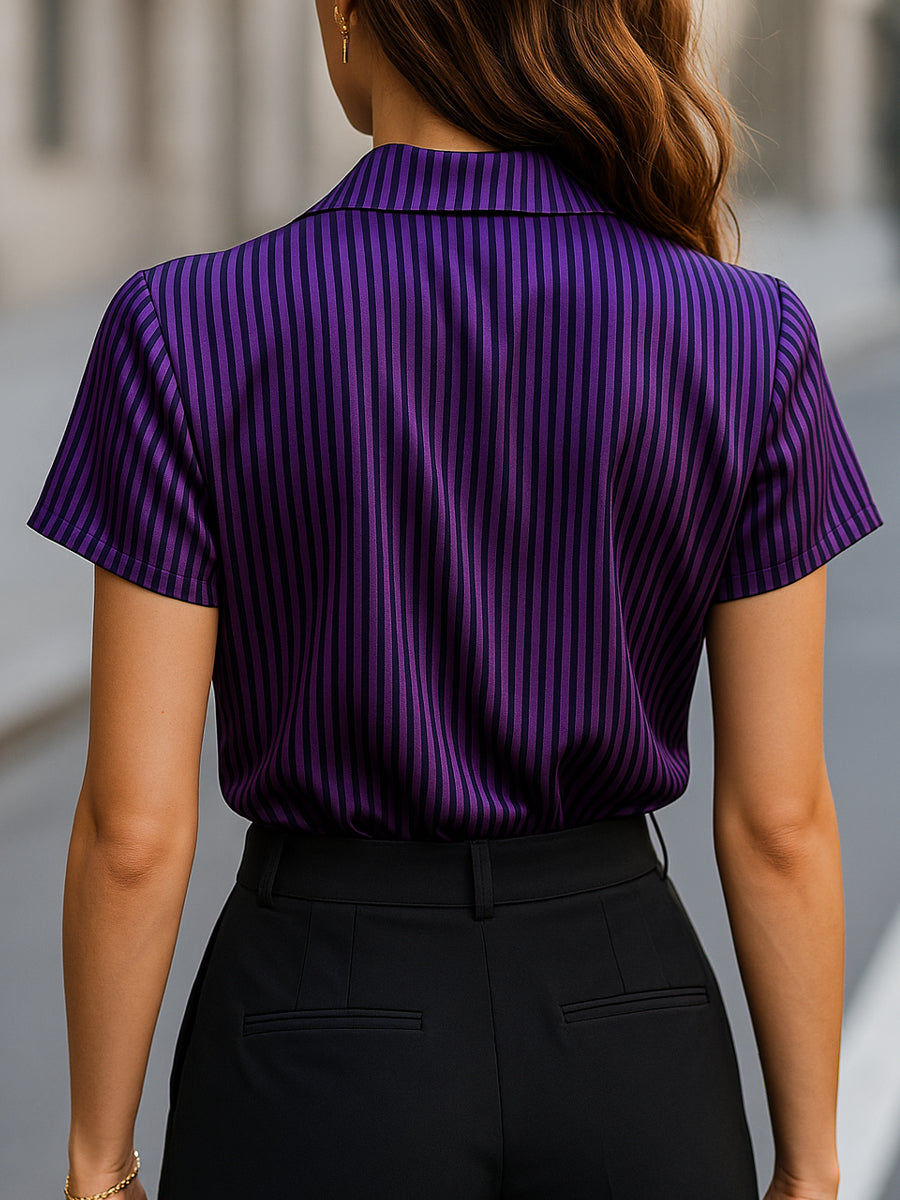 Léon Varel Satin Stripe Short-Sleeve Glossy Blouse with Wide Collar