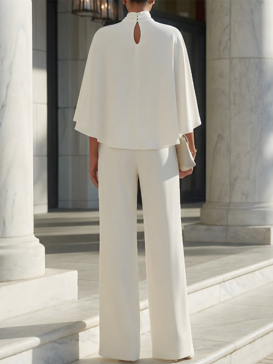 Léon Varel Cape-Sleeve High-Neck Blouse & Slit Wide-Leg Trousers Set