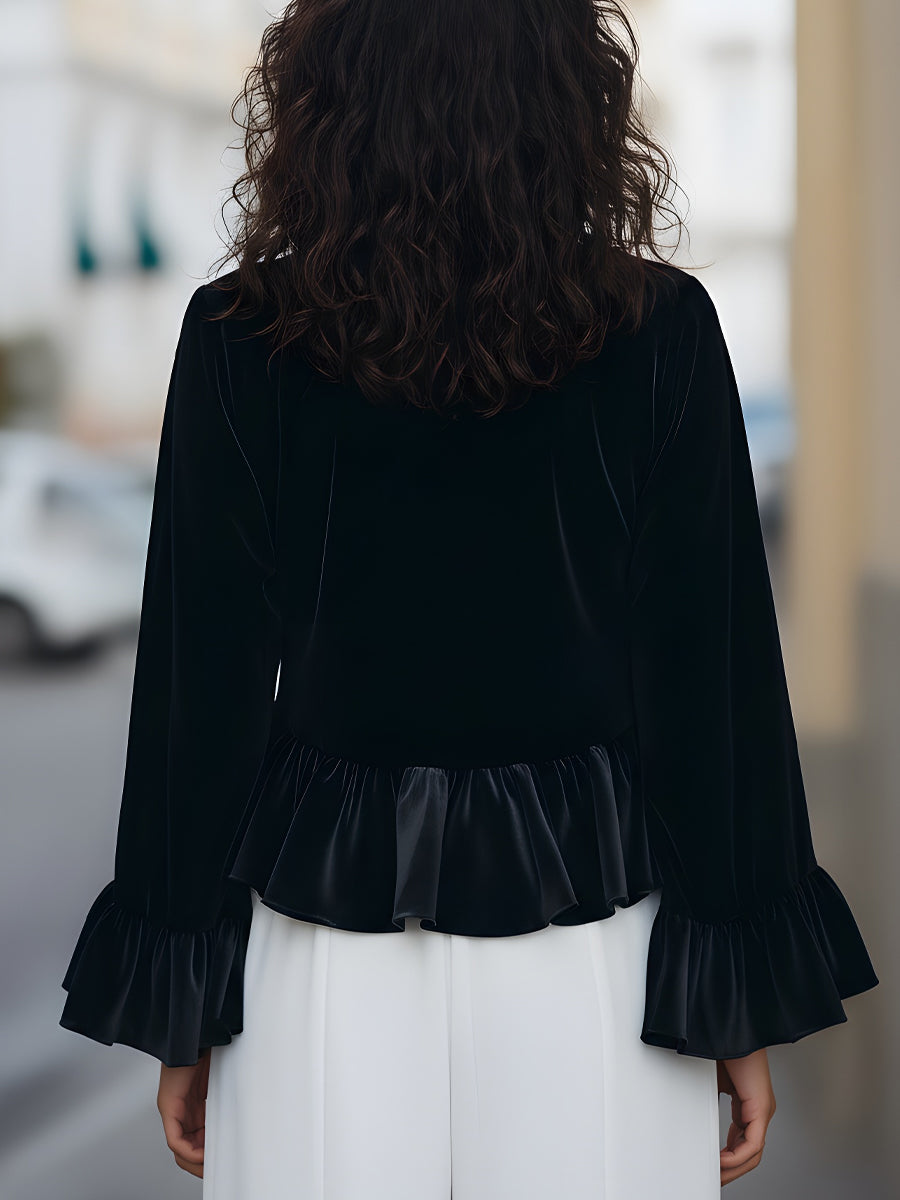 Léon Varel Round Neck Velvet Ruffle-Trim Blouse