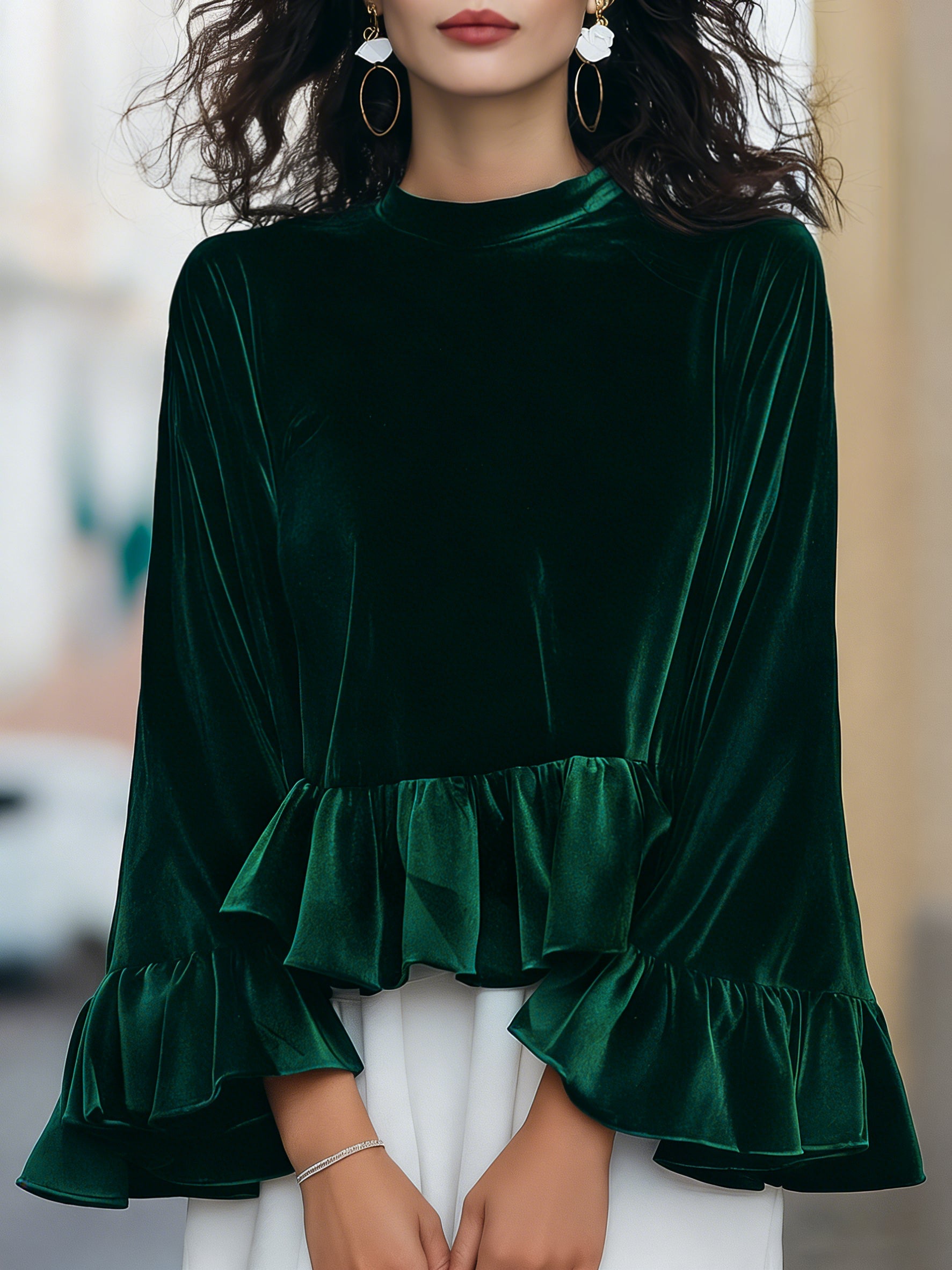 Léon Varel Round Neck Velvet Ruffle-Trim Blouse