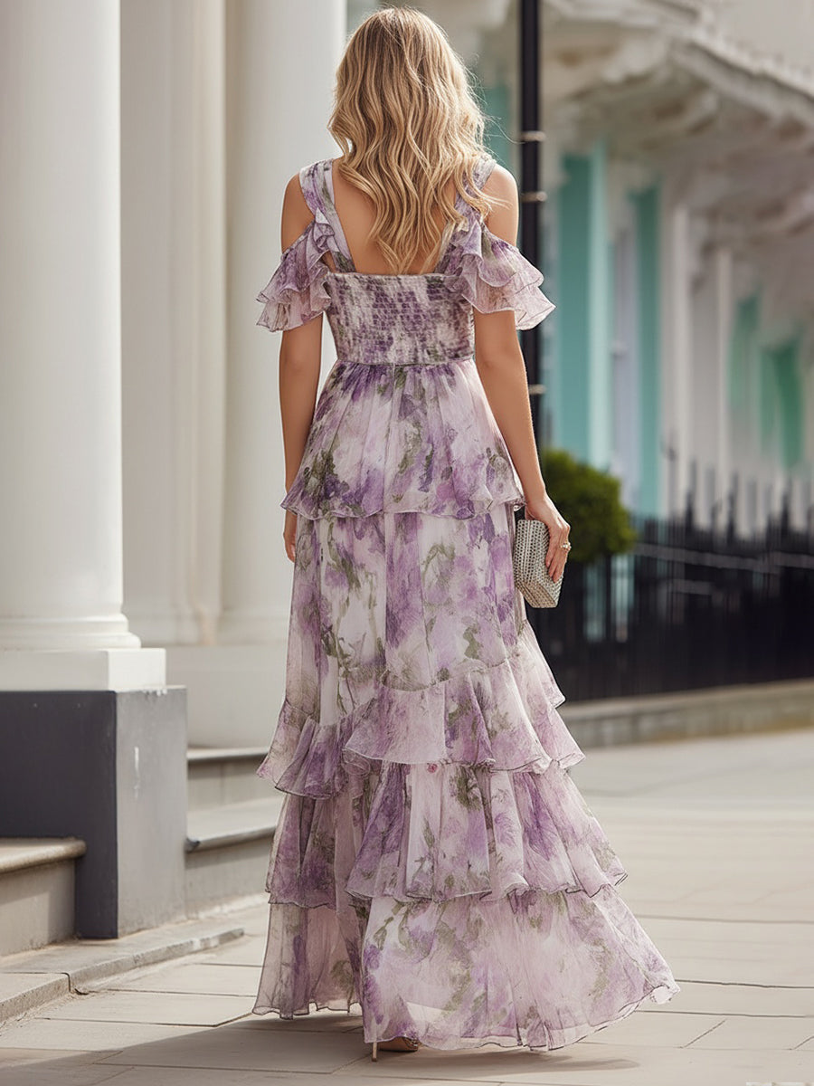 Léon Varel Cold Shoulder Floral Tiered Maxi Dress