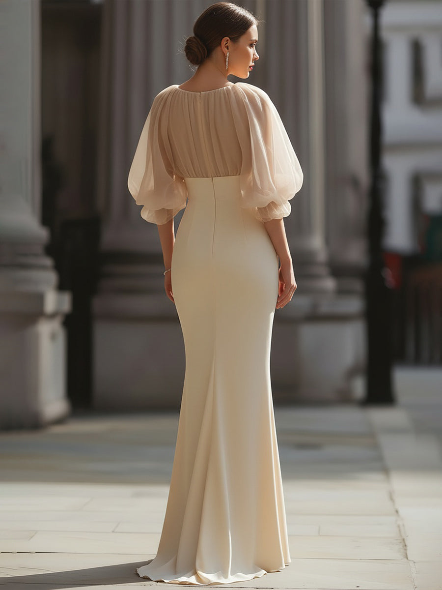 Léon Varel Gathered Sheer Sleeve Mermaid Evening Dress