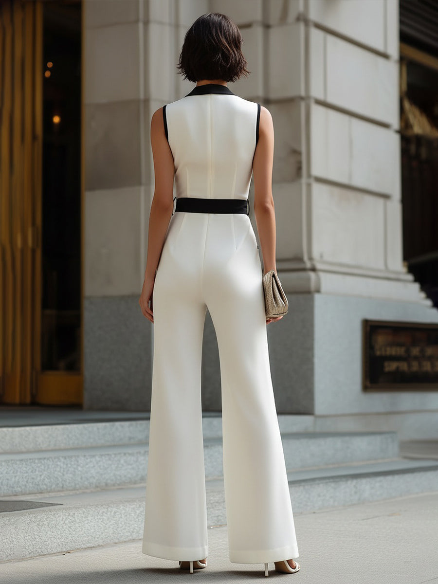 Léon Varel Contrast Trim Belted Wide-Leg Jumpsuit