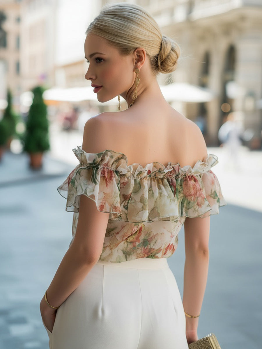 Léon Varel Off-Shoulder Ruffle Floral Chiffon Blouse