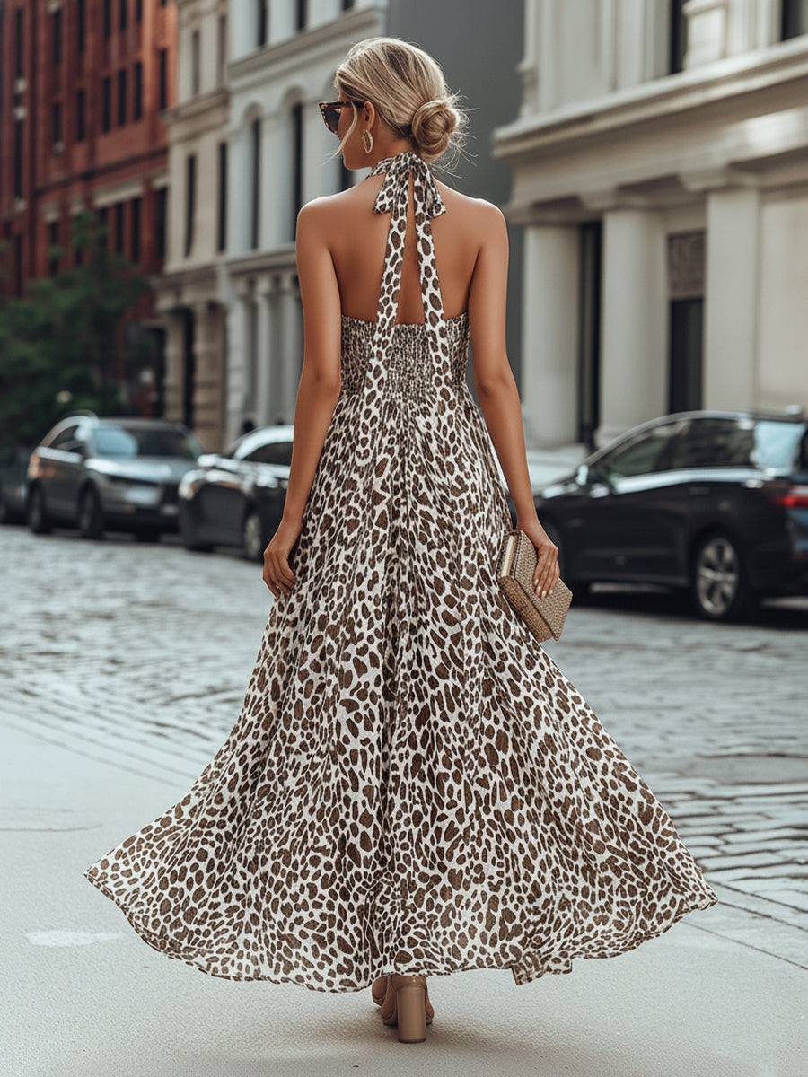 Léon Varel Leopard Print Halter Neck Flowing Maxi Dress