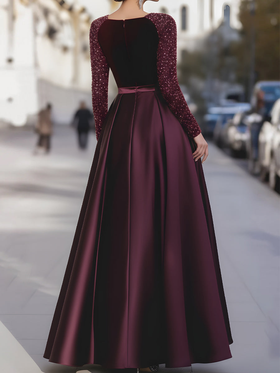 Léon Varel Velvet Sequin Sleeve Gown With Satin Skirt