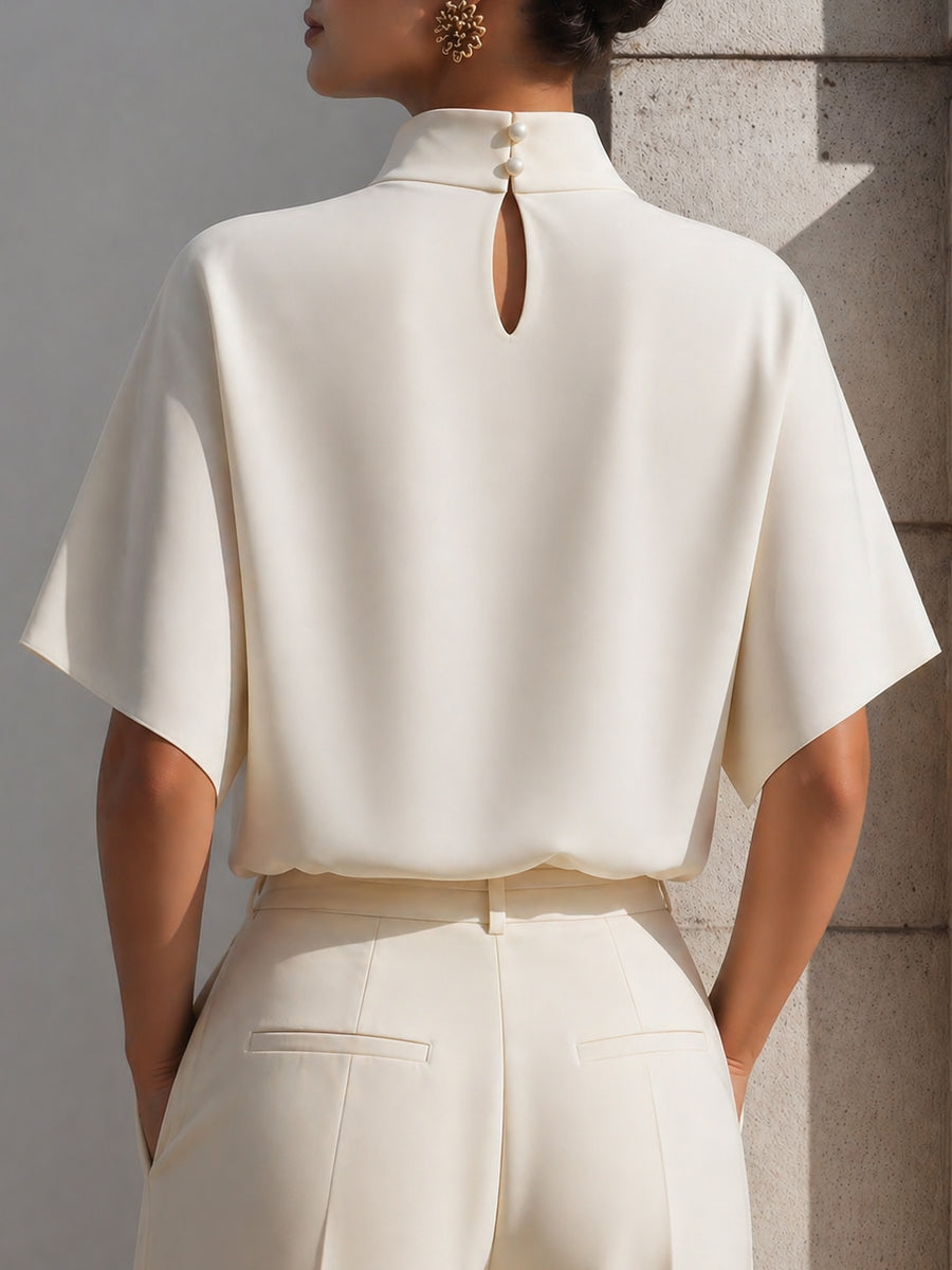 Léon Varel High-Neck Minimalist Draped Blouse Top