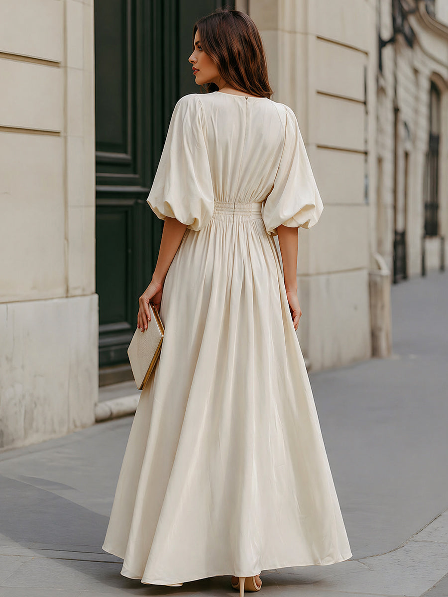 Léon Varel Round Neck Puff Sleeve Gathered Waist Maxi Dress