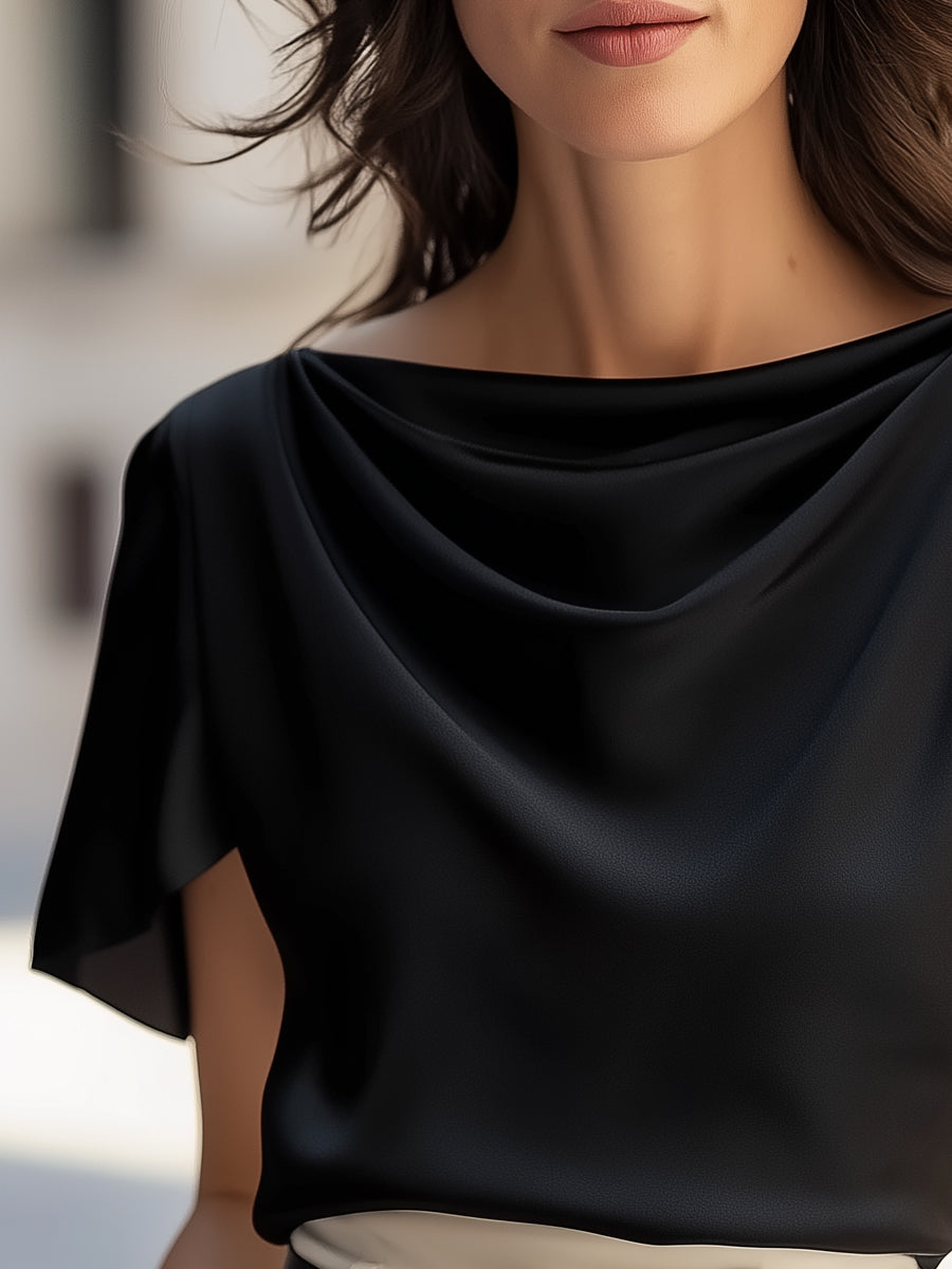 Léon Varel Classic Satin Draped Cap Sleeve Blouse