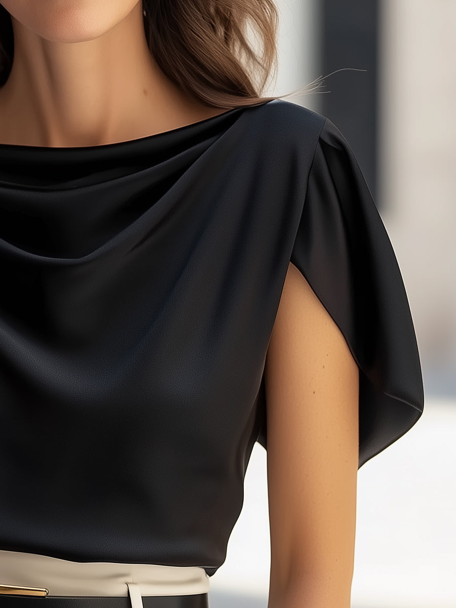 Léon Varel Classic Satin Draped Cap Sleeve Blouse