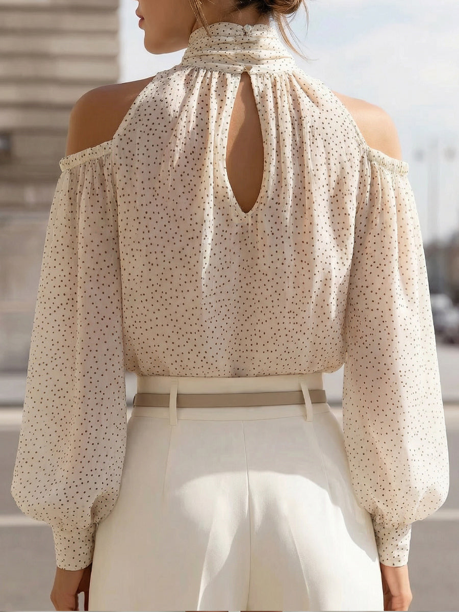 Léon Varel Polka Dot Cold-Shoulder Chiffon Blouse With Scarf Tie