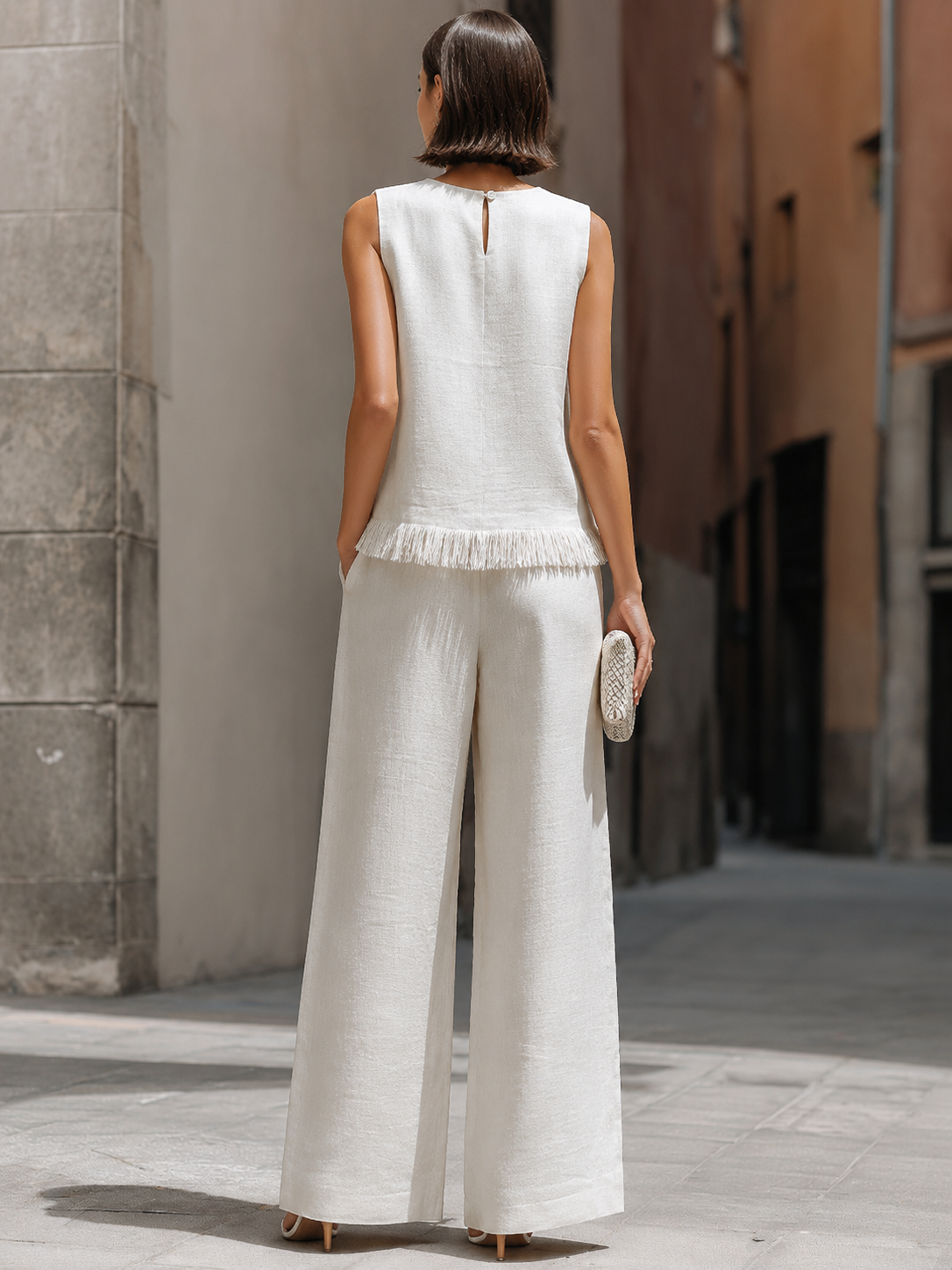Léon Varel Sleeveless Textured Top And Wide-Leg Pants Set With Frayed Hem Detail