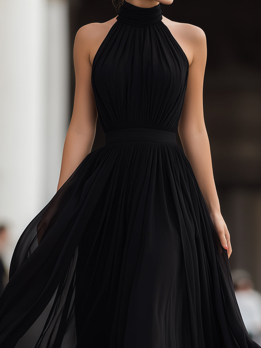 Léon Varel Black Halter Neck Pleated Chiffon Maxi Dress