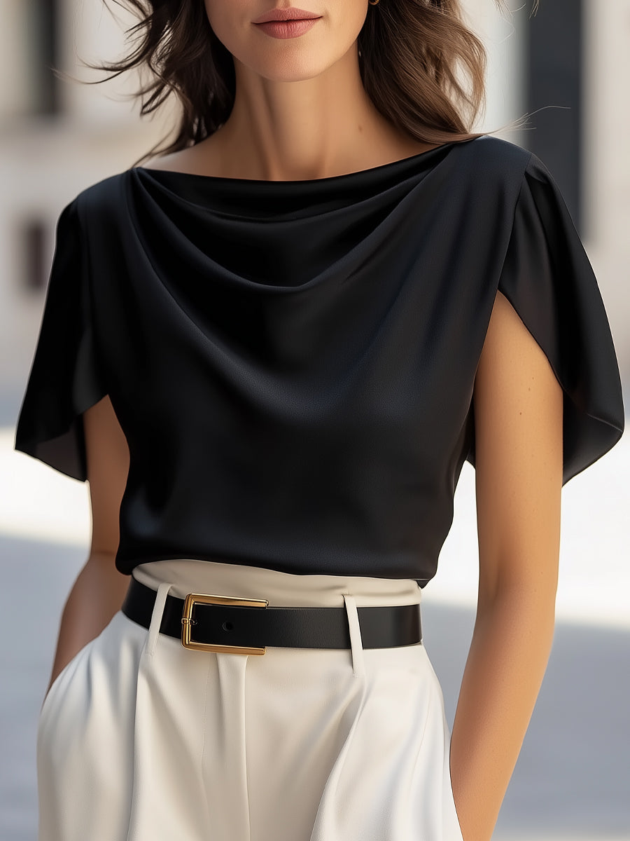 Léon Varel Classic Satin Draped Cap Sleeve Blouse