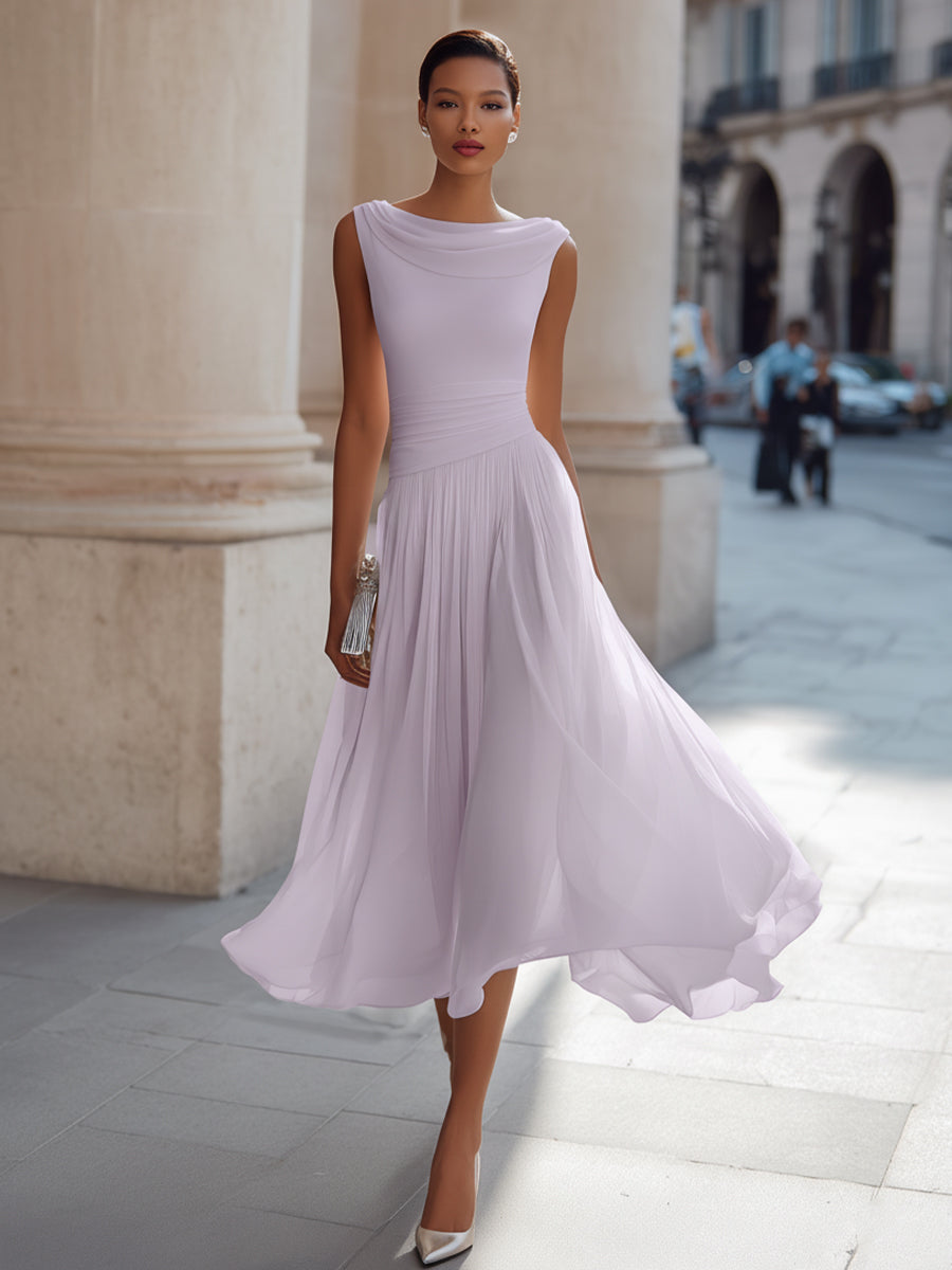 Léon Varel Draped Neck Sleeveless Pleated Midi Dress