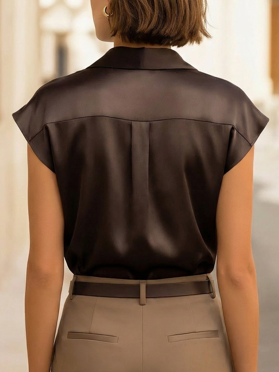 Léon Varel Sleeveless Draped Button-Front Satin Top Blouse