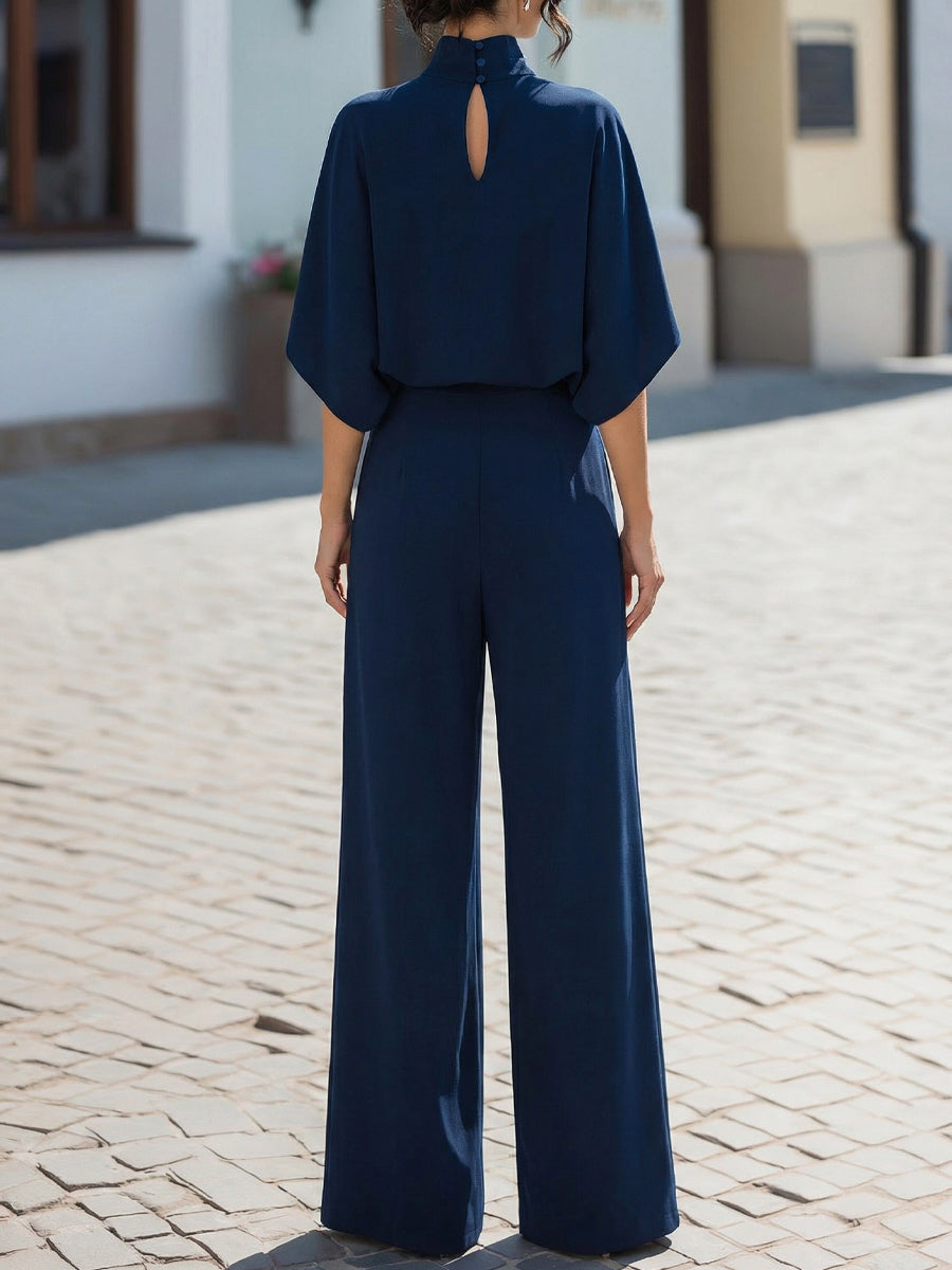 Léon Varel Minimalist High-Neck Draped Blouse & Wide-Leg Trouser Set