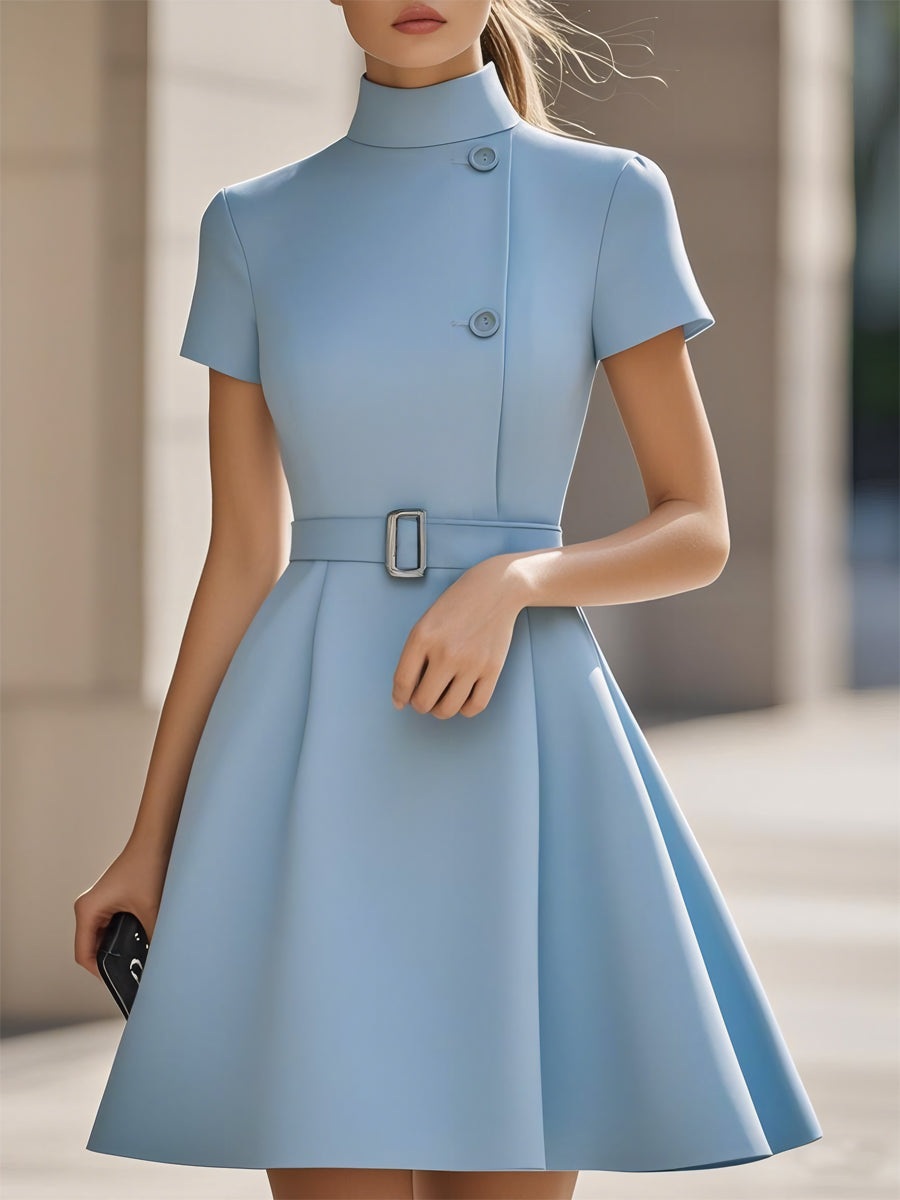 Léon Varel Elegant Black High-Neck Dress with Belted Waist