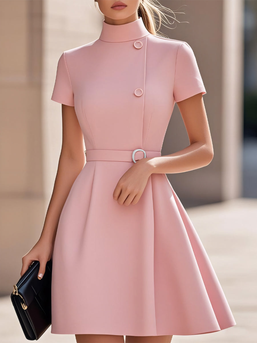 Léon Varel Elegant Black High-Neck Dress with Belted Waist