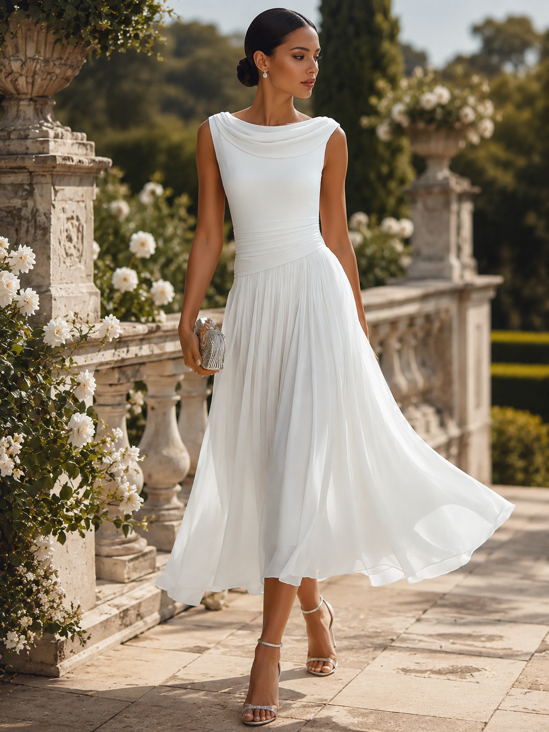 Léon Varel Draped Neck Sleeveless Pleated Midi Dress