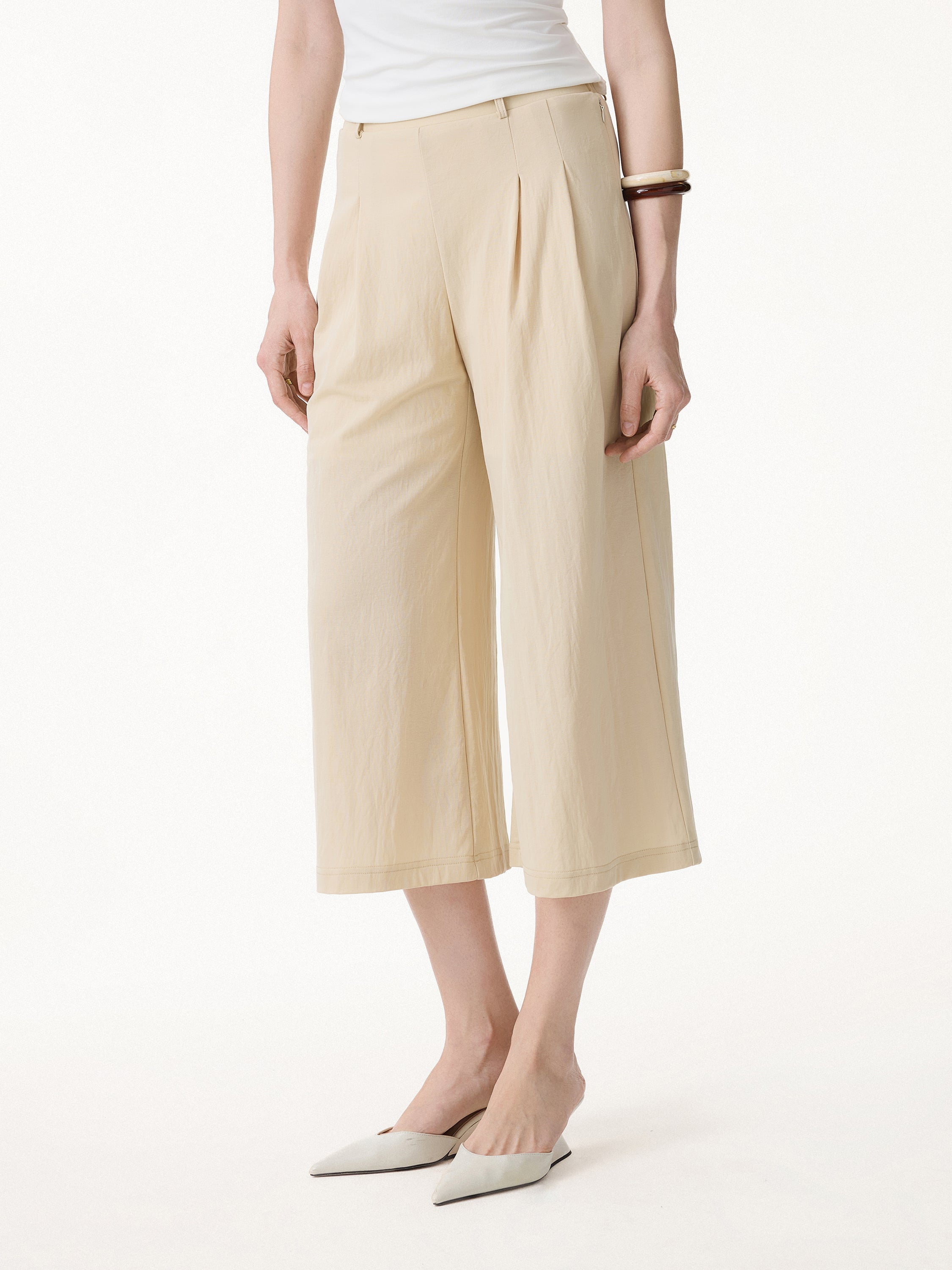 Wrinkle-Resistant Linen-Like Cropped Wide Leg Pants