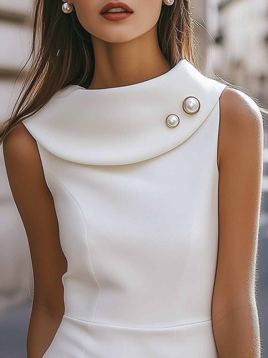 Léon Varel Chic Fold-Over Collar Sleeveless Satin Dress