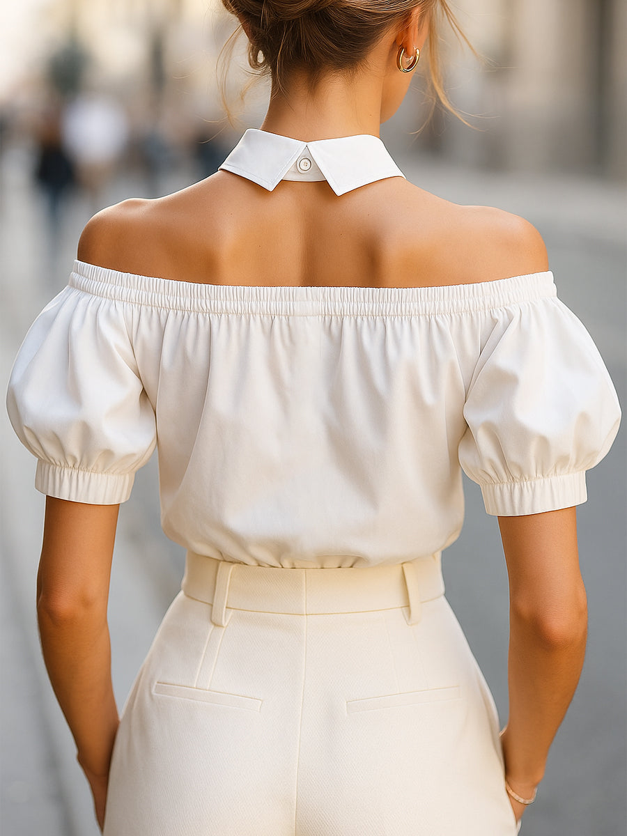 Léon Varel Chic Off-Shoulder Button-Up Blouse with Statement Collar