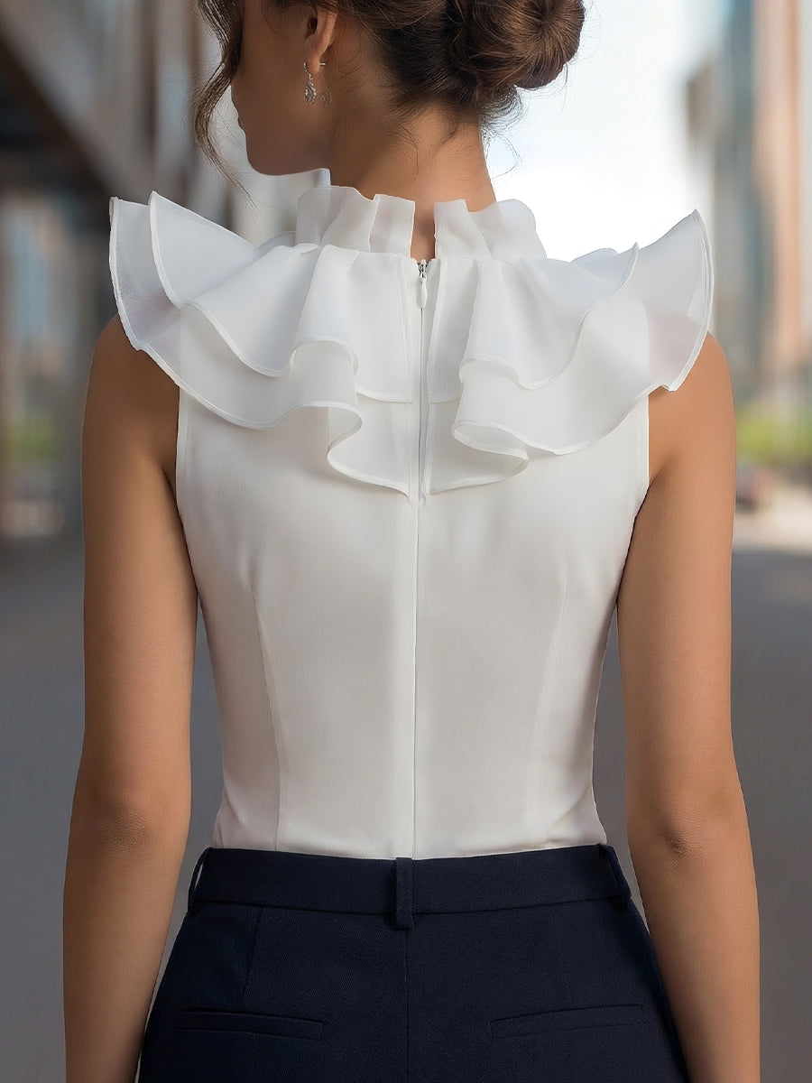 Léon Varel Sleeveless Chiffon Ruffled V-Neck Top