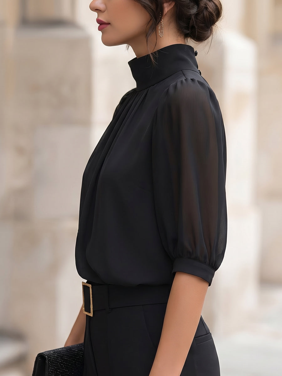 Léon Varel Mock Neck Chiffon Puff Sleeve Blouse