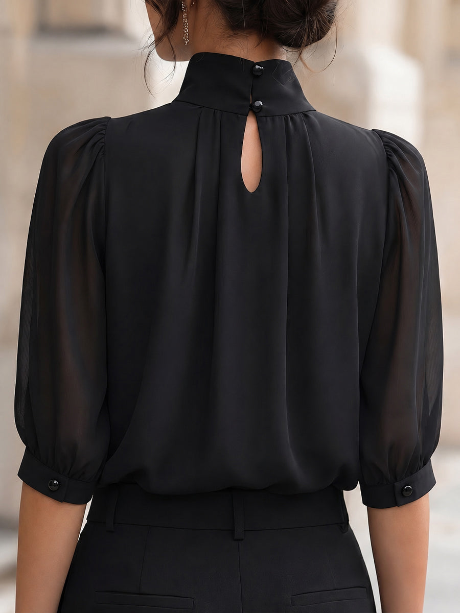 Léon Varel Mock Neck Chiffon Puff Sleeve Blouse