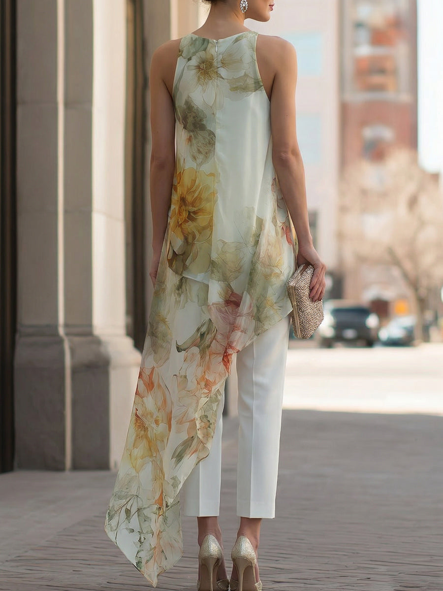 Léon Varel Sheer Floral Asymmetric Overlay Top & Tailored Pants Set