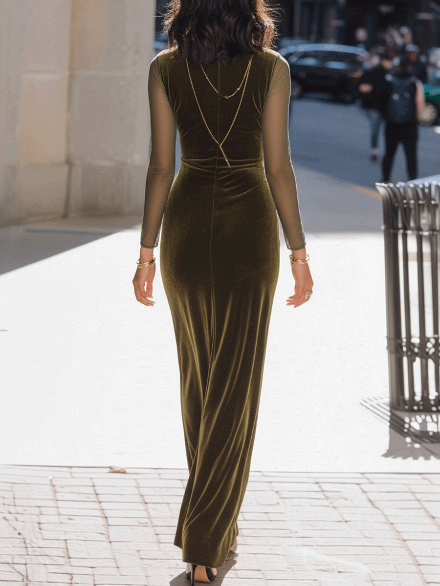 Léon Varel Olive Velvet Gown With Sheer Sleeves