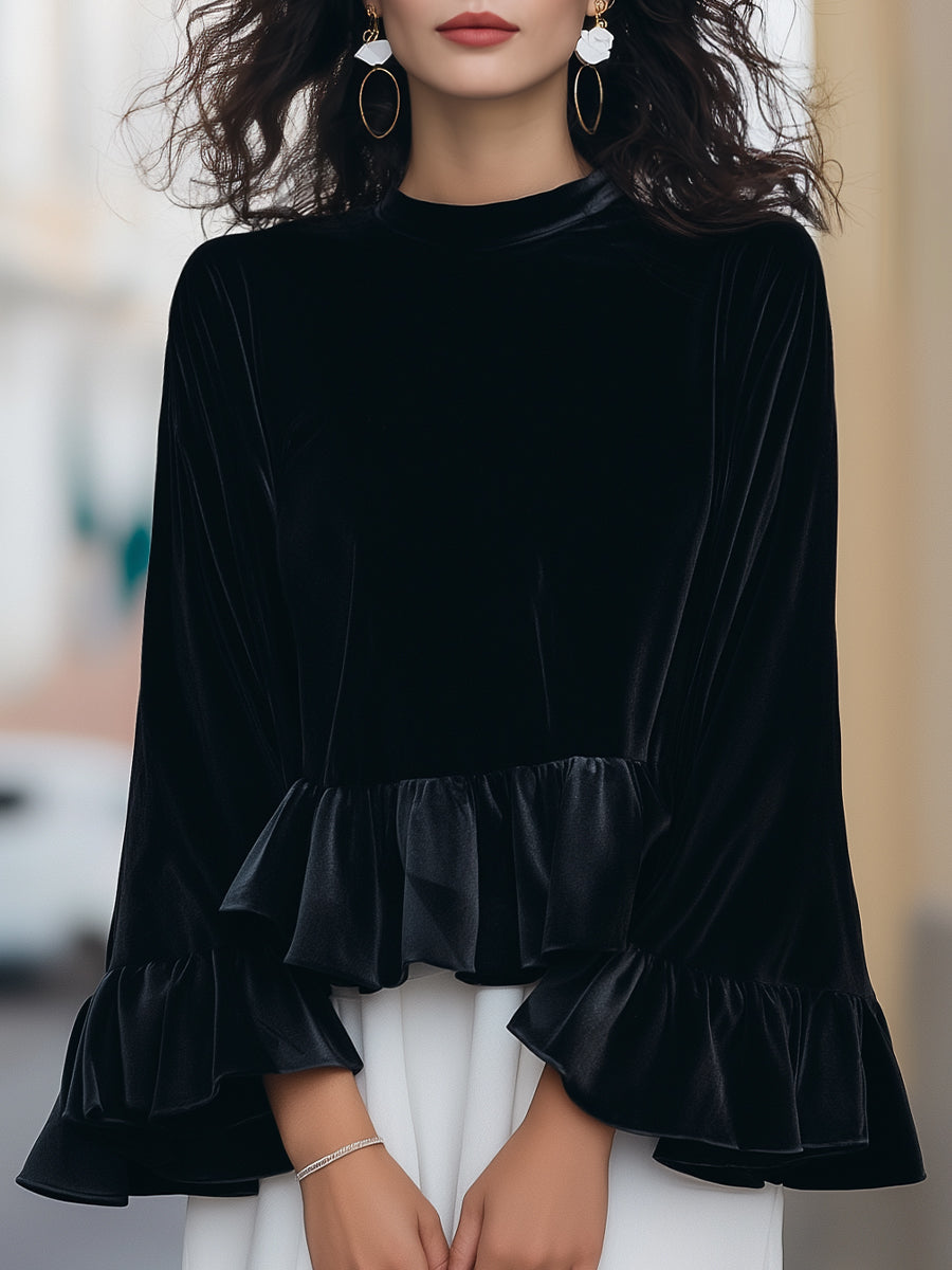 Léon Varel Round Neck Velvet Ruffle-Trim Blouse