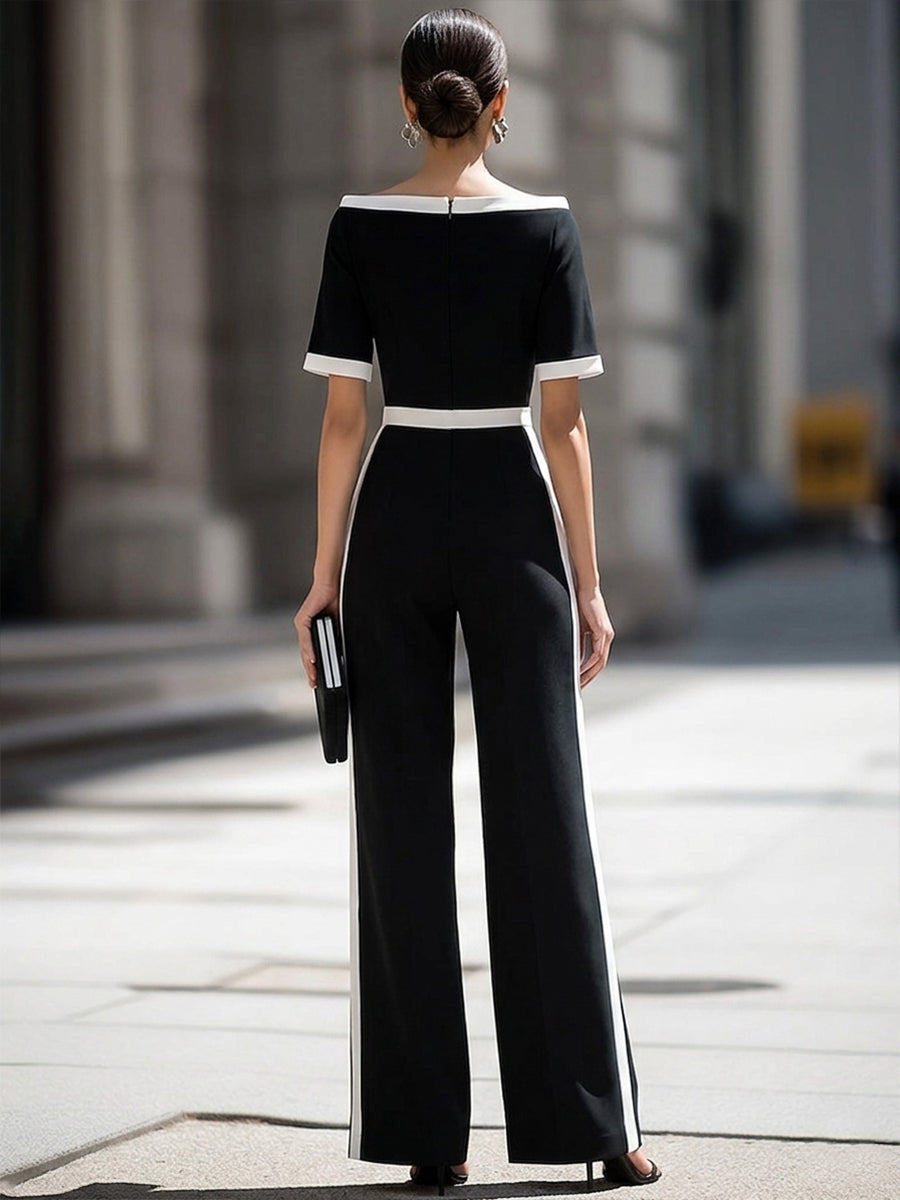 Léon Varel Off-Shoulder Contrast Trim Tailored Wide-Leg Jumpsuit