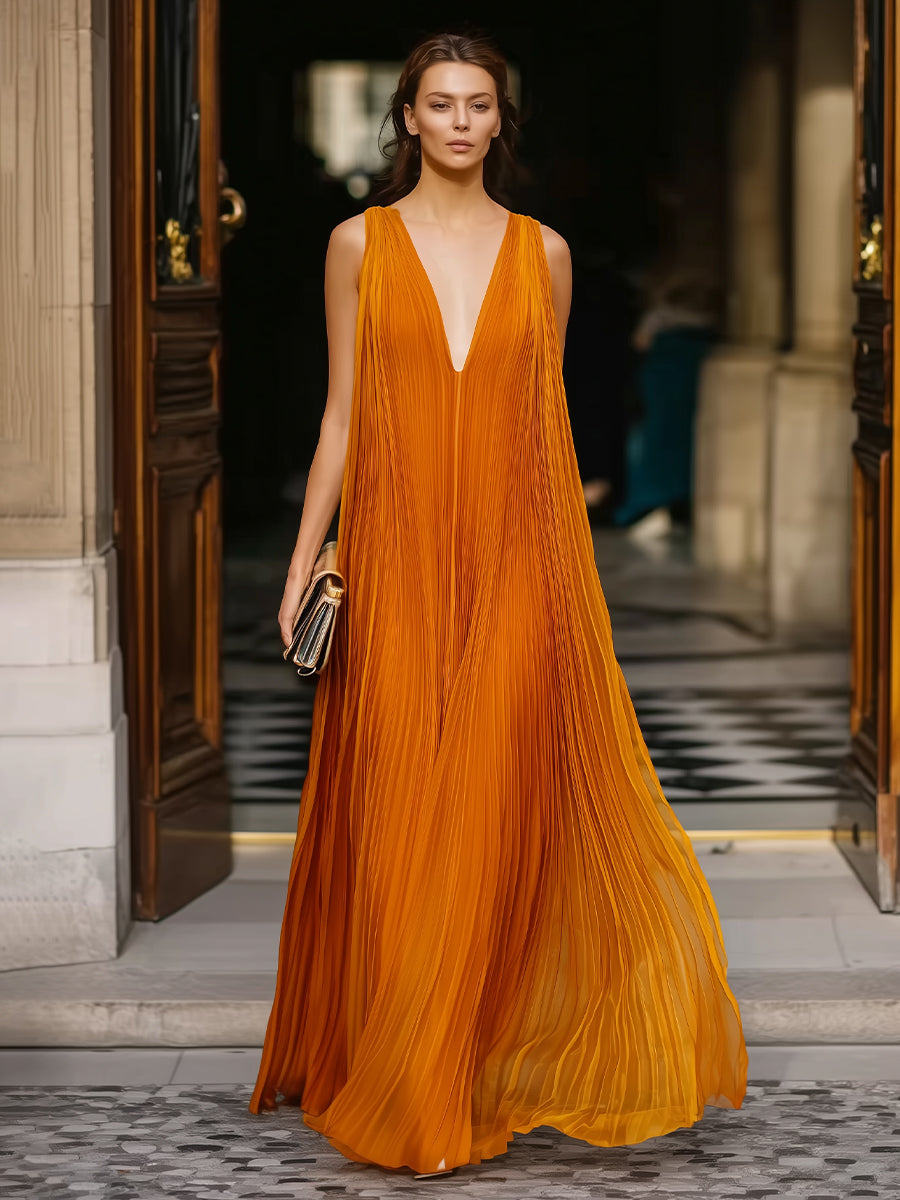 Léon Varel Deep V-Neck Pleated Flowing Maxi Dress