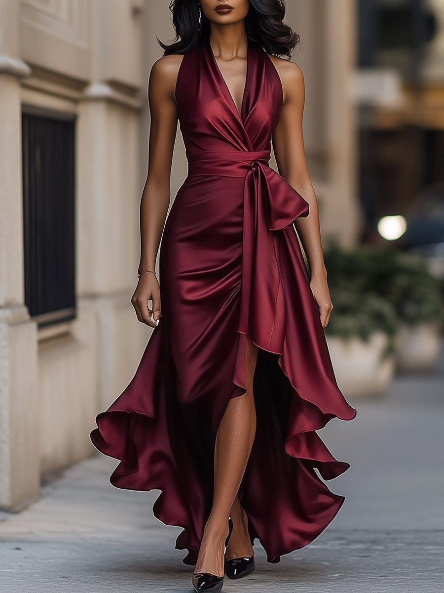 Léon Varel Midnight Elegance Satin Halter Ruffle Gown