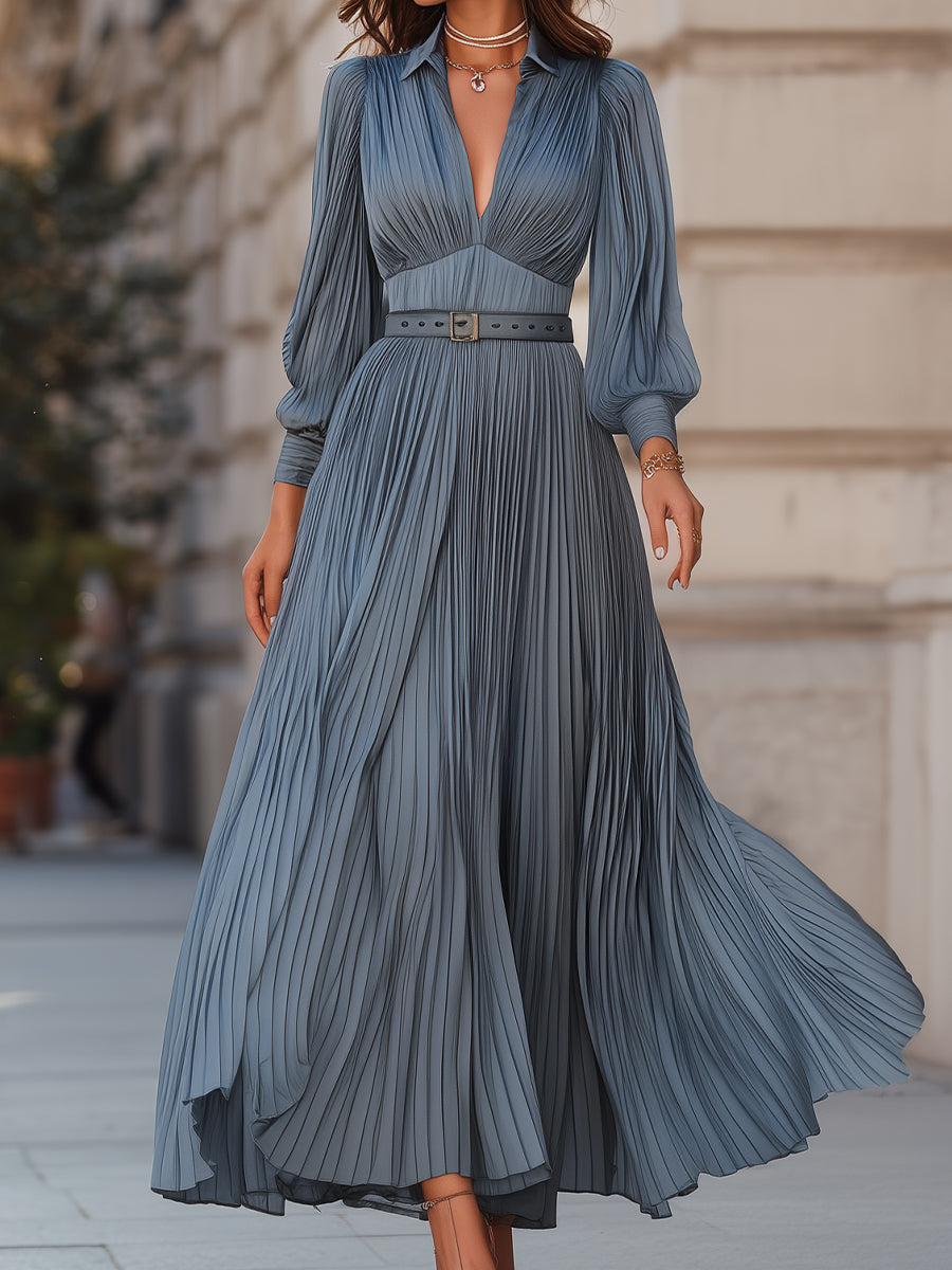 Léon Varel Mooyius Steel Blue Pleated Midi Dress